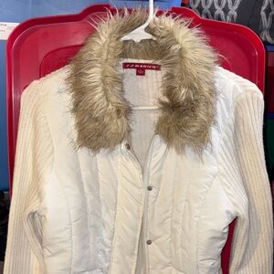 Women's Cream Puffer Jacket with Faux Fur Collar